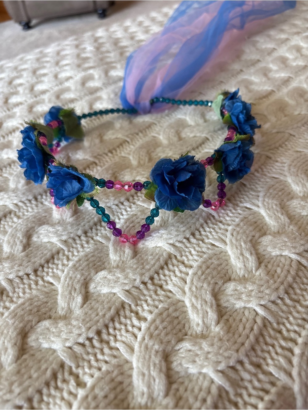 Kids Blue Floral Beaded Headband